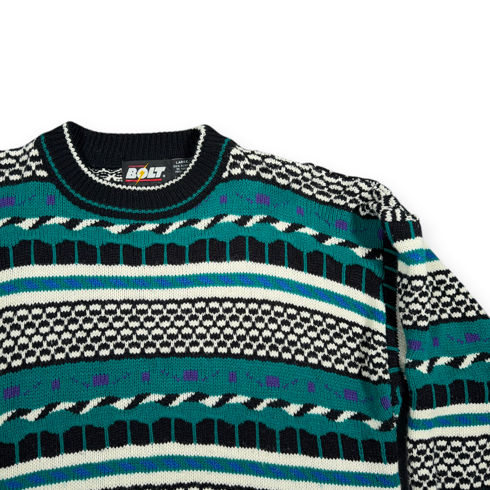 Vintage Lightning Bolt Sweater Adult MEDIUM Green Geometric Striped Textured 90s-2 Vintage Lightning Bolt Sweater Adult MEDIUM Green Geometric Striped Textured 90s