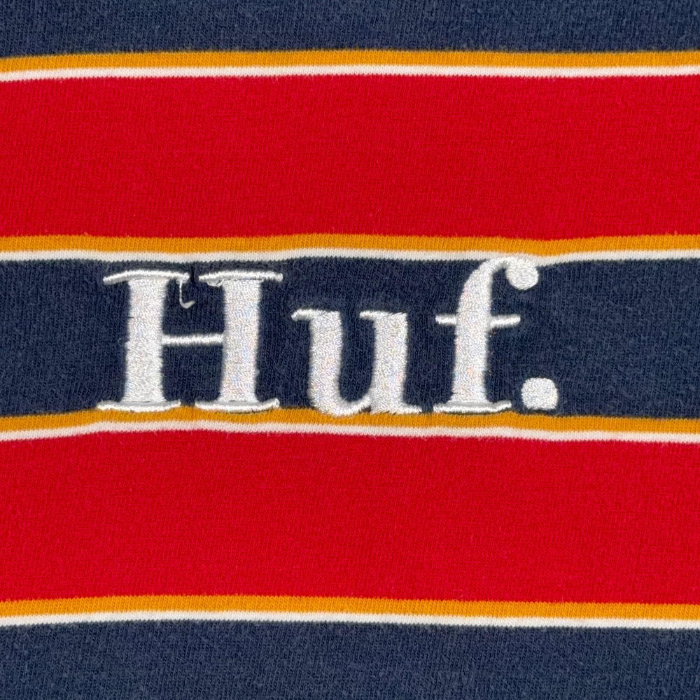 HUF Shirt Adult LARGE Red Blue Yellow Striped Skater Streetwear Logo LS Y2K-2 HUF Shirt Adult LARGE Red Blue Yellow Striped Skater Streetwear Logo LS Y2K