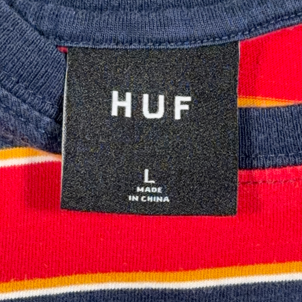 HUF Shirt Adult LARGE Red Blue Yellow Striped Skater Streetwear Logo LS Y2K-3 HUF Shirt Adult LARGE Red Blue Yellow Striped Skater Streetwear Logo LS Y2K