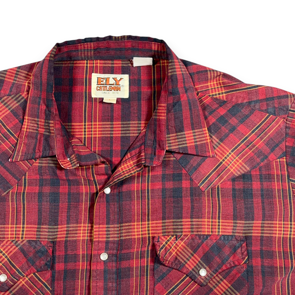 Vintage Ely Cattleman Western Shirt Adult LARGE Red Plaid Pearl Snap Cowboy 90s-2 Vintage Ely Cattleman Western Shirt Adult LARGE Red Plaid Pearl Snap Cowboy 90s