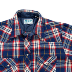 Vintage Western Shirt Adult LARGE Blue Red Plaid Acrylic Pearl Snap Workwear 70s