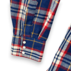 Vintage Western Shirt Adult LARGE Blue Red Plaid Acrylic Pearl Snap Workwear 70s