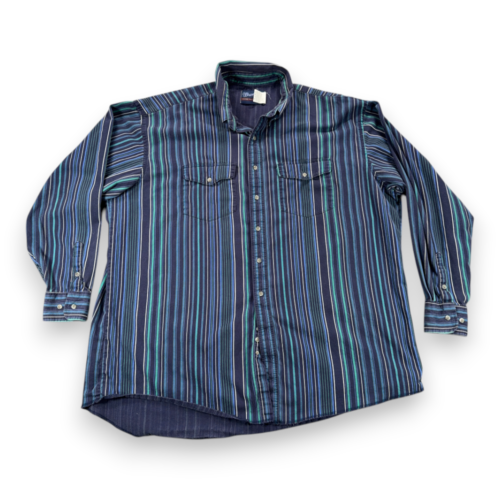 Vintage Wrangler Shirt Adult 2XL XXL Blue Green White Striped Western Cowboy 90s