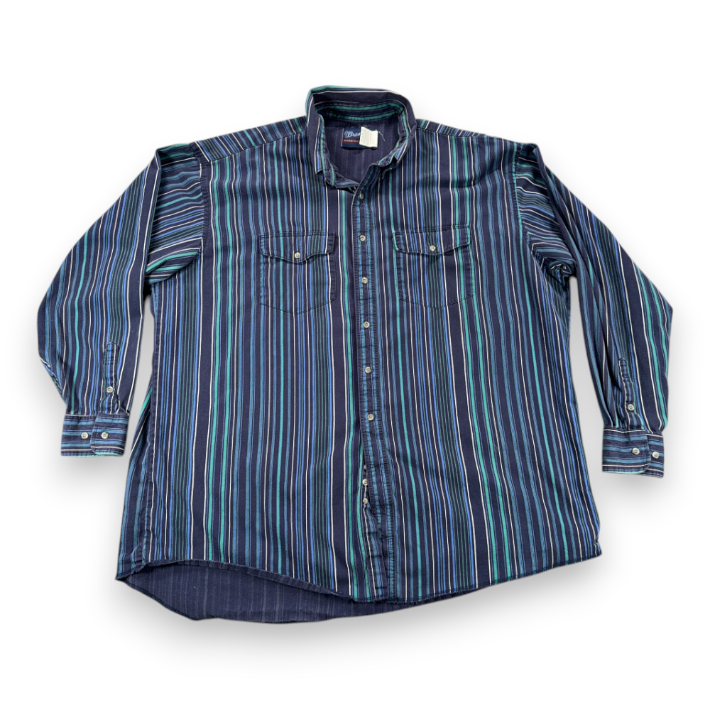 Vintage Wrangler Shirt Adult 2XL XXL Blue Green White Striped Western Cowboy 90s-1 Vintage Wrangler Shirt Adult 2XL XXL Blue Green White Striped Western Cowboy 90s