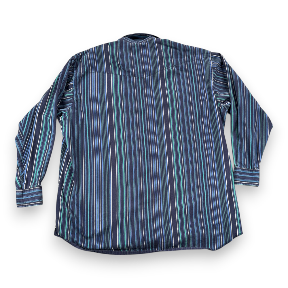 Vintage Wrangler Shirt Adult 2XL XXL Blue Green White Striped Western Cowboy 90s-3 Vintage Wrangler Shirt Adult 2XL XXL Blue Green White Striped Western Cowboy 90s