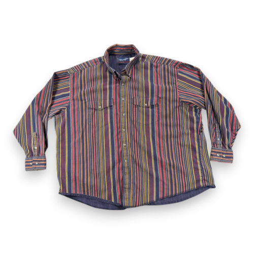 Vintage Wrangler Shirt Adult 2XL XXL Blue Red Yellow Striped Western Cowboy 90s