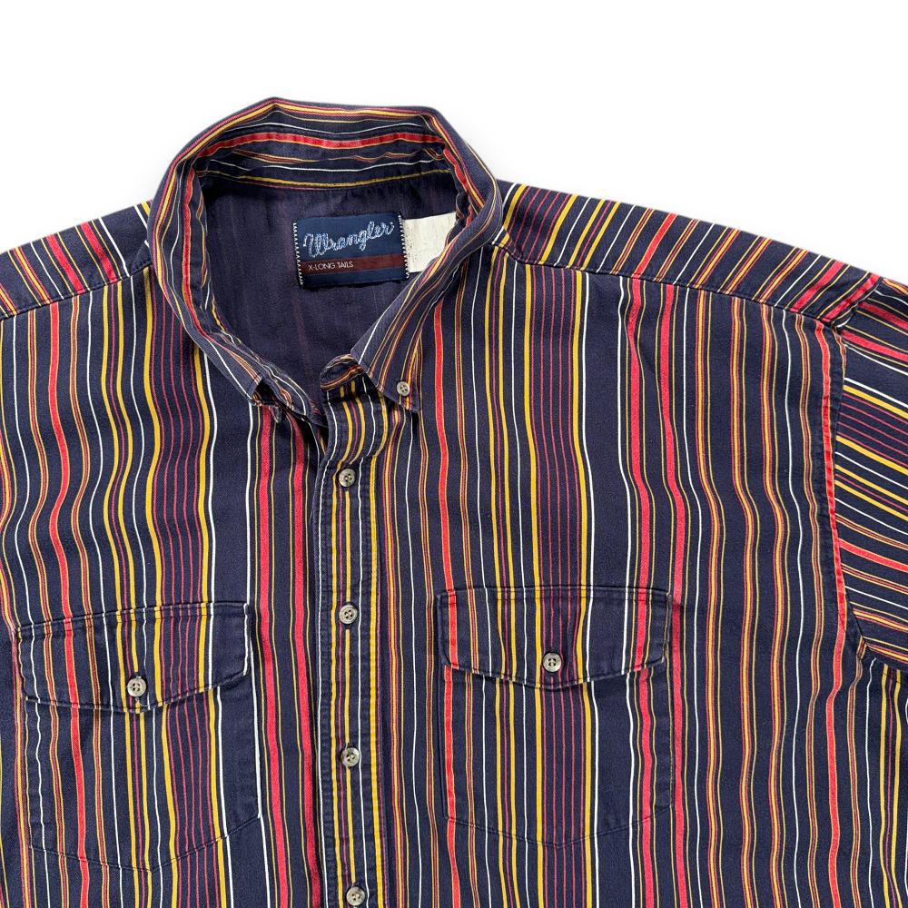 Vintage Wrangler Shirt Adult 2XL XXL Blue Red Yellow Striped Western Cowboy 90s-2 Vintage Wrangler Shirt Adult 2XL XXL Blue Red Yellow Striped Western Cowboy 90s