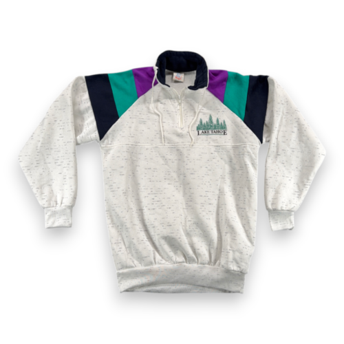 Vintage Lake Tahoe Sweater Adult SMALL White Sweatshirt Colorblock Ski USA 90s