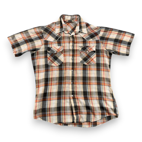 Vintage Western Shirt Adult MEDIUM Brown Plaid Gold Canyon Trails Pearl Snap 70s