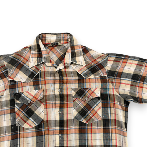 Vintage Western Shirt Adult MEDIUM Brown Plaid Gold Canyon Trails Pearl Snap 70s-2 Vintage Western Shirt Adult MEDIUM Brown Plaid Gold Canyon Trails Pearl Snap 70s