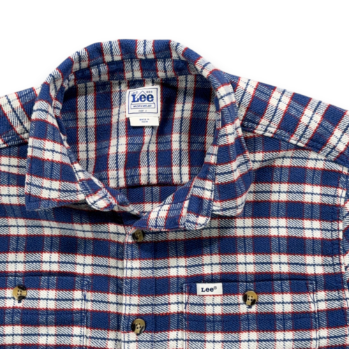 Lee Shirt Adult SMALL Blue White Red Plaid Flannel Workwear Shacket Side Pockets-2 Lee Shirt Adult SMALL Blue White Red Plaid Flannel Workwear Shacket Side Pockets