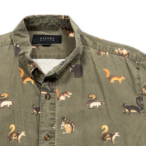 Squirrel Shirt Adult MEDIUM Green Cotton Afends Button Down Novelty Print Funny