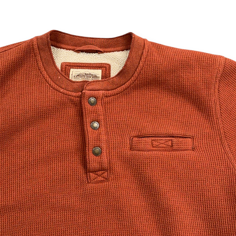 LL Bean Sweater Adult LARGE Orange Katahdin Iron Works Henley Waffle Knit Sherpa-2 LL Bean Sweater Adult LARGE Orange Katahdin Iron Works Henley Waffle Knit Sherpa