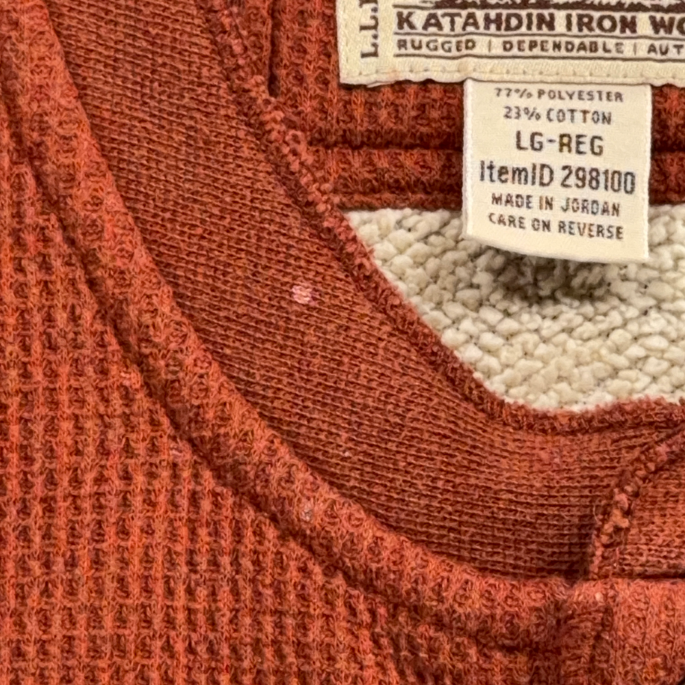 LL Bean Sweater Adult LARGE Orange Katahdin Iron Works Henley Waffle Knit Sherpa-6 LL Bean Sweater Adult LARGE Orange Katahdin Iron Works Henley Waffle Knit Sherpa