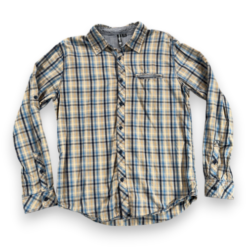 Ocean Current Shirt Adult MEDIUM Blue Yellow Plaid Gingham Cotton Button Up