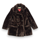 Vintage Lilli Ann Fur Coat Womens LARGE Brown Faux Double Breasted Satin USA 60s
