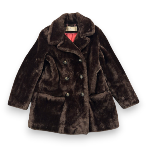 Vintage Lilli Ann Fur Coat Womens LARGE Brown Faux Double Breasted Satin USA 60s