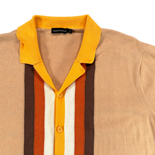 Paul Fredrick Shirt Adult EXTRA LARGE Brown Burnt Orange Striped Knit Retro Mod-2 Paul Fredrick Shirt Adult EXTRA LARGE Brown Burnt Orange Striped Knit Retro Mod