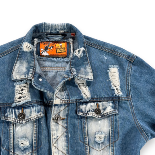 Rolling Paper Jacket Adult LARGE Blue Jean Denim Distressed Splatter Stoner-2 Rolling Paper Jacket Adult LARGE Blue Jean Denim Distressed Splatter Stoner
