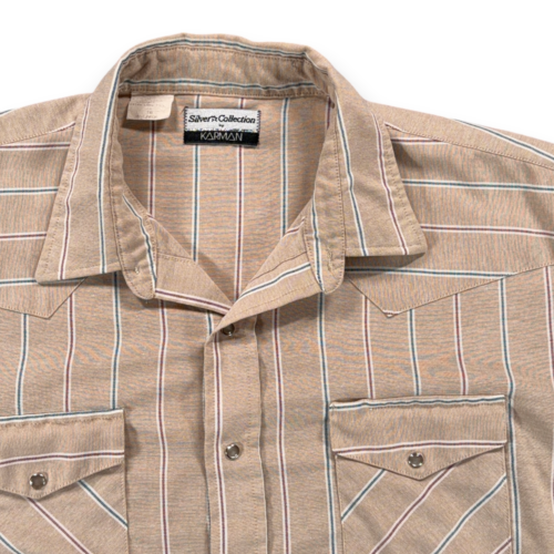 Vintage Karman Western Shirt Adult EXTRA LARGE Brown Striped Pearl Snap 80s-2 Vintage Karman Western Shirt Adult EXTRA LARGE Brown Striped Pearl Snap 80s