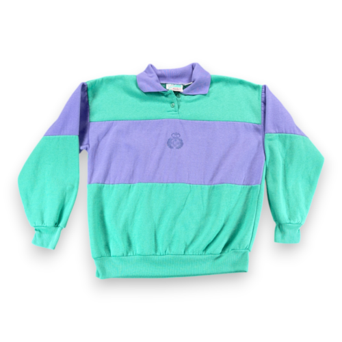 Vintage Colorblock Sweater Womens MEDIUM Green Purple Pastel Polo Sweatshirt 90s