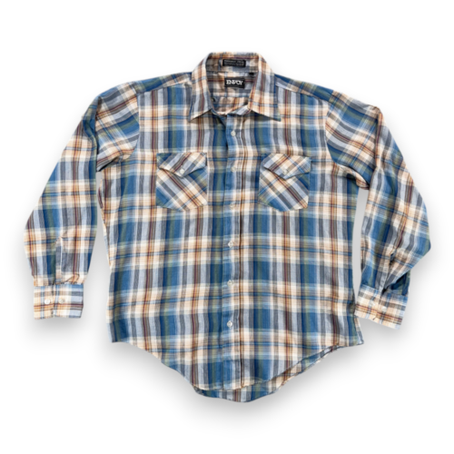 Vintage Envoy Shirt Adult LARGE Blue Brown Plaid Long Sleeve Permanent Press 80s