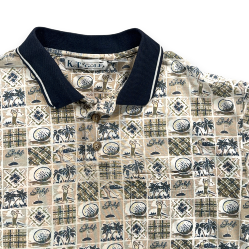 Vintage Golf Polo Shirt Adult MEDIUM Brown Palm Tree Allover Aquares Print 90s