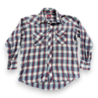 Vintage Ely Plains Western Shirt Adult LARGE Blue Red Plaid Pearl Snap 80s