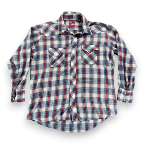 Vintage Ely Plains Western Shirt Adult LARGE Blue Red Plaid Pearl Snap 80s