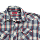 Vintage Ely Plains Western Shirt Adult LARGE Blue Red Plaid Pearl Snap 80s