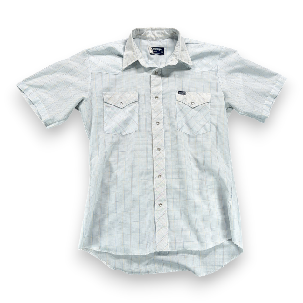Vintage Wrangler Western Shirt Adult MEDIUM Blue Pastel Plaid Pearl Snap USA 80s-1 Vintage Wrangler Western Shirt Adult MEDIUM Blue Pastel Plaid Pearl Snap USA 80s
