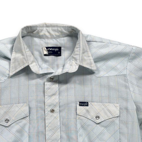 Vintage Wrangler Western Shirt Adult MEDIUM Blue Pastel Plaid Pearl Snap USA 80s-2 Vintage Wrangler Western Shirt Adult MEDIUM Blue Pastel Plaid Pearl Snap USA 80s