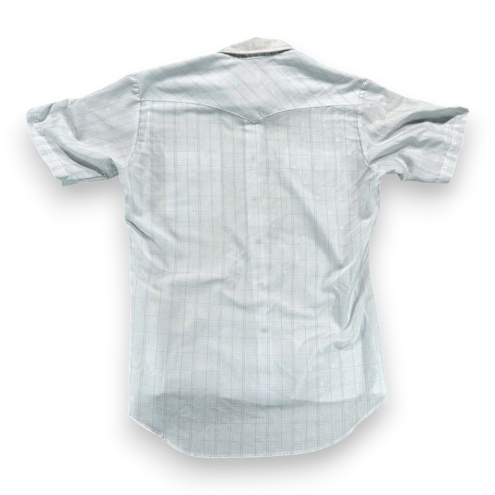 Vintage Wrangler Western Shirt Adult MEDIUM Blue Pastel Plaid Pearl Snap USA 80s-3 Vintage Wrangler Western Shirt Adult MEDIUM Blue Pastel Plaid Pearl Snap USA 80s