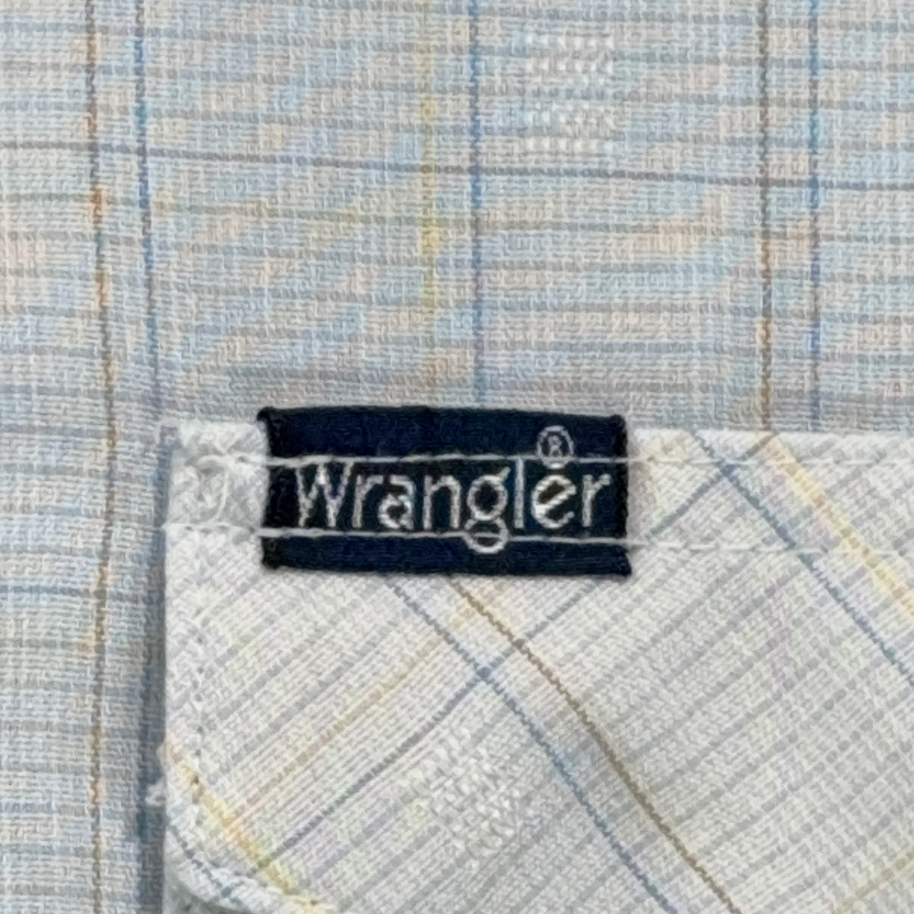 Vintage Wrangler Western Shirt Adult MEDIUM Blue Pastel Plaid Pearl Snap USA 80s-4 Vintage Wrangler Western Shirt Adult MEDIUM Blue Pastel Plaid Pearl Snap USA 80s