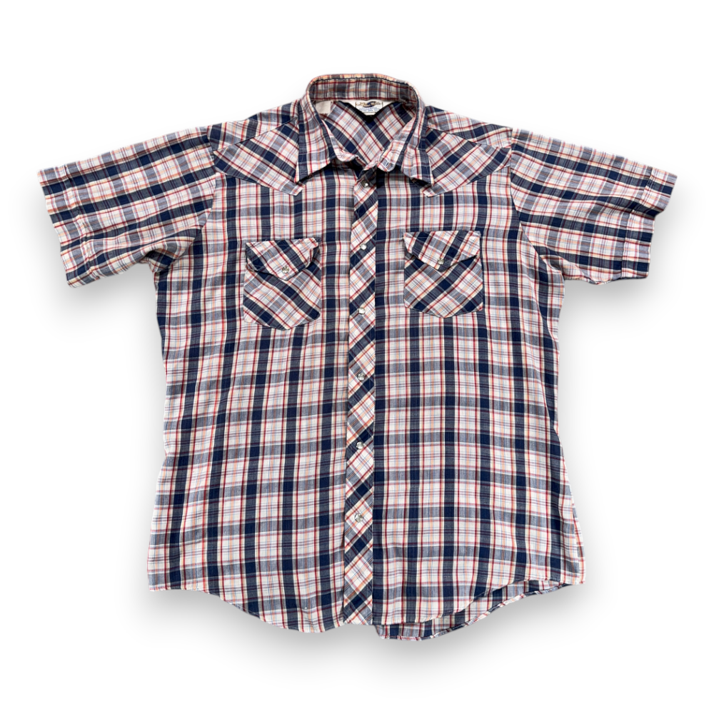 Vintage Double S Western Shirt Adult LARGE Blue Red Plaid Pearl Snap USA 70s-1 Vintage Double S Western Shirt Adult LARGE Blue Red Plaid Pearl Snap USA 70s