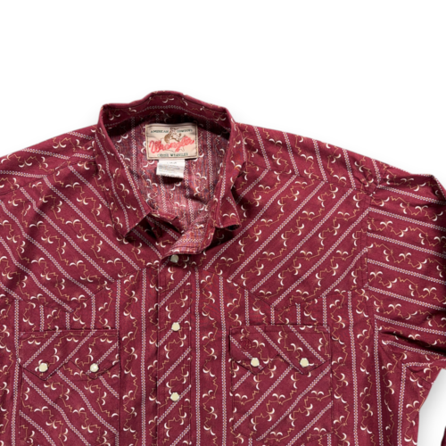 Wrangler Western Shirt Adult LARGE Red Striped Geometric Pearl Snap Cowboy Rodeo-2 Wrangler Western Shirt Adult LARGE Red Striped Geometric Pearl Snap Cowboy Rodeo