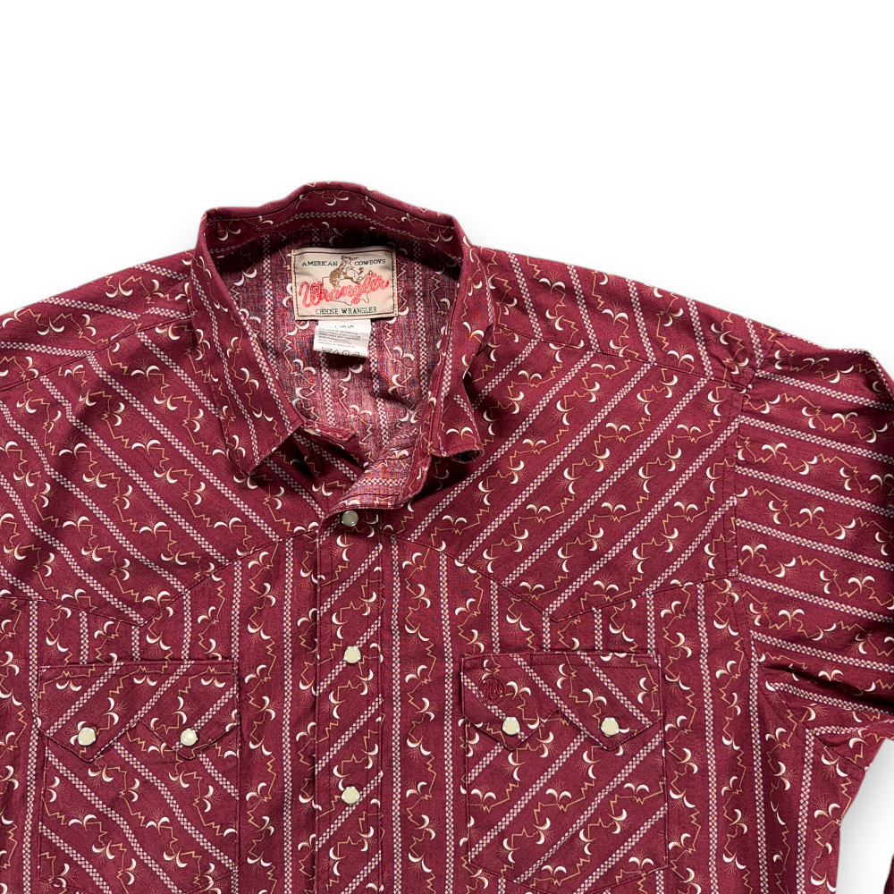 Wrangler Western Shirt Adult LARGE Red Striped Geometric Pearl Snap Cowboy Rodeo-2 Wrangler Western Shirt Adult LARGE Red Striped Geometric Pearl Snap Cowboy Rodeo