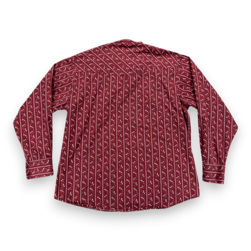 Wrangler Western Shirt Adult LARGE Red Striped Geometric Pearl Snap Cowboy Rodeo-3 Wrangler Western Shirt Adult LARGE Red Striped Geometric Pearl Snap Cowboy Rodeo