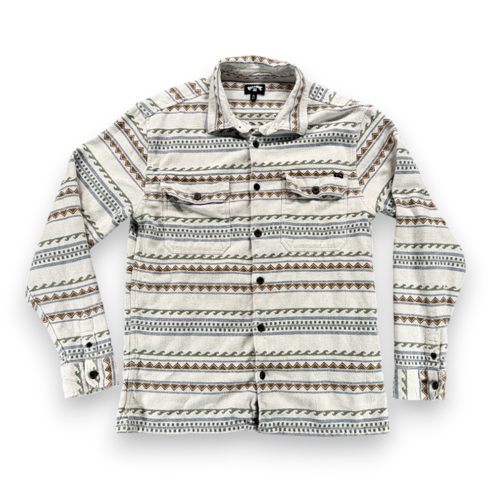 Billabong Shirt Adult MEDIUM White Brown Blue Striped Geometric Flannel Surf-1 Billabong Shirt Adult MEDIUM White Brown Blue Striped Geometric Flannel Surf