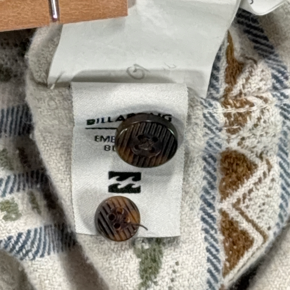 Billabong Shirt Adult MEDIUM White Brown Blue Striped Geometric Flannel Surf-9 Billabong Shirt Adult MEDIUM White Brown Blue Striped Geometric Flannel Surf