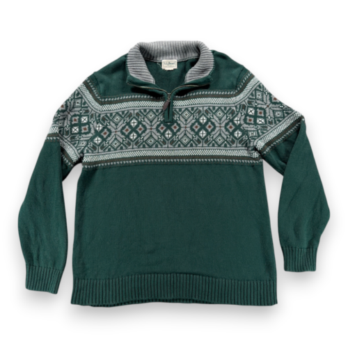LL Bean Sweater Adult MEDIUM Green Gray Quarter Zip Fair Isle Nordic Cotton Y2K
