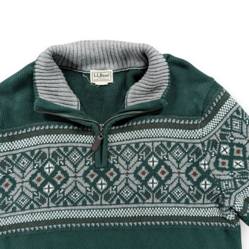 LL Bean Sweater Adult MEDIUM Green Gray Quarter Zip Fair Isle Nordic Cotton Y2K-2 LL Bean Sweater Adult MEDIUM Green Gray Quarter Zip Fair Isle Nordic Cotton Y2K