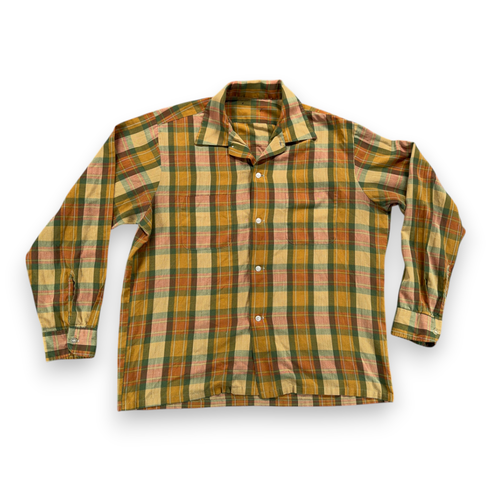 Vintage Madras Shirt Adult LARGE Yellow Green Plaid Loop Collar Camp Mod 60s-1 Vintage Madras Shirt Adult LARGE Yellow Green Plaid Loop Collar Camp Mod 60s