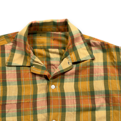 Vintage Madras Shirt Adult LARGE Yellow Green Plaid Loop Collar Camp Mod 60s-2 Vintage Madras Shirt Adult LARGE Yellow Green Plaid Loop Collar Camp Mod 60s