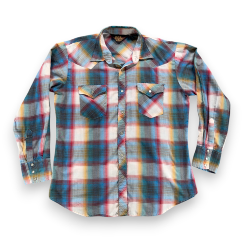 Vintage Western Shirt Adult LARGE Blue Rainbow Plaid Cowboy Rodeo Pearl Snap 90s
