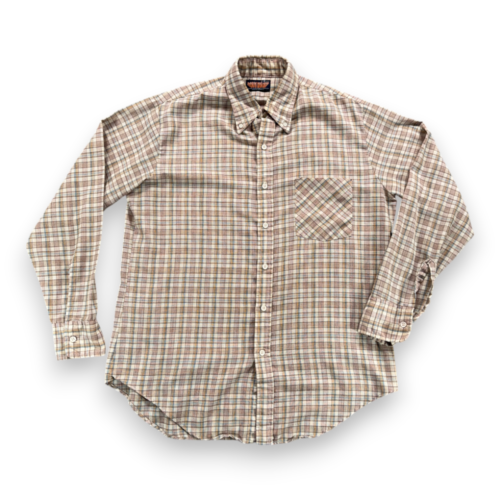 Vintage Moving Up Shirt Adult MEDIUM Brown Pastel Plaid Button Down 70s