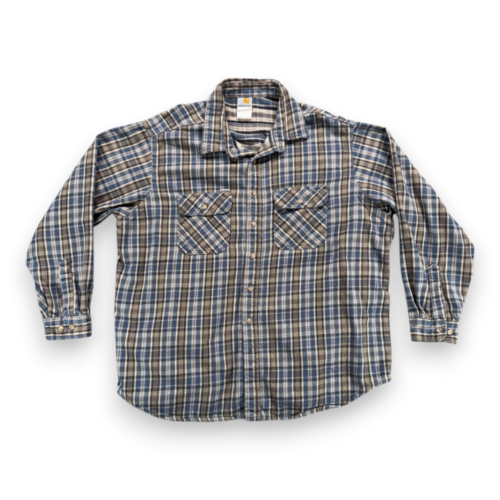 Vintage Carhartt Shirt Adult 3XL XXXL Blue Gray Plaid Flannel Workwear USA 90s
