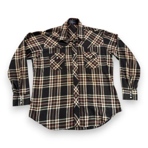 Vintage Lariat Western Shirt Adult LARGE Black Plaid Flannel Pearl Snaps 80s