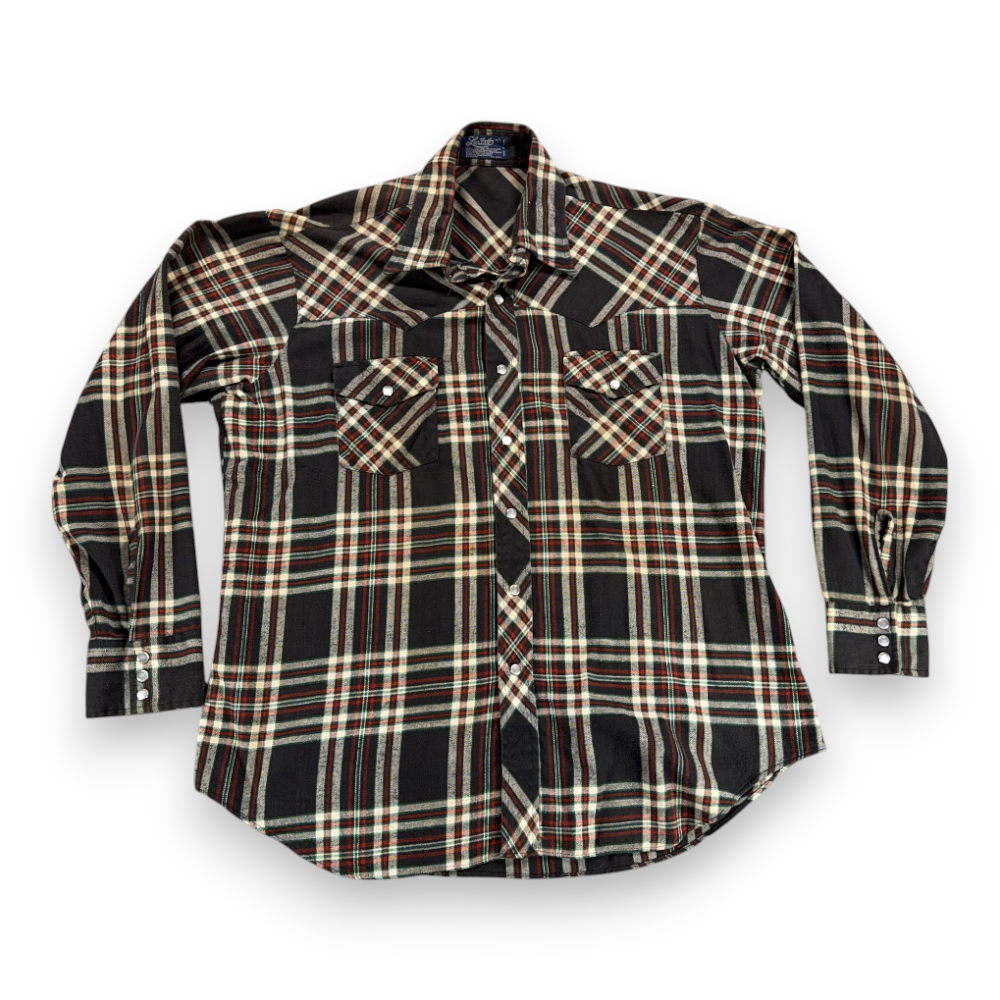 Vintage Lariat Western Shirt Adult LARGE Black Plaid Flannel Pearl Snaps 80s-1 Vintage Lariat Western Shirt Adult LARGE Black Plaid Flannel Pearl Snaps 80s