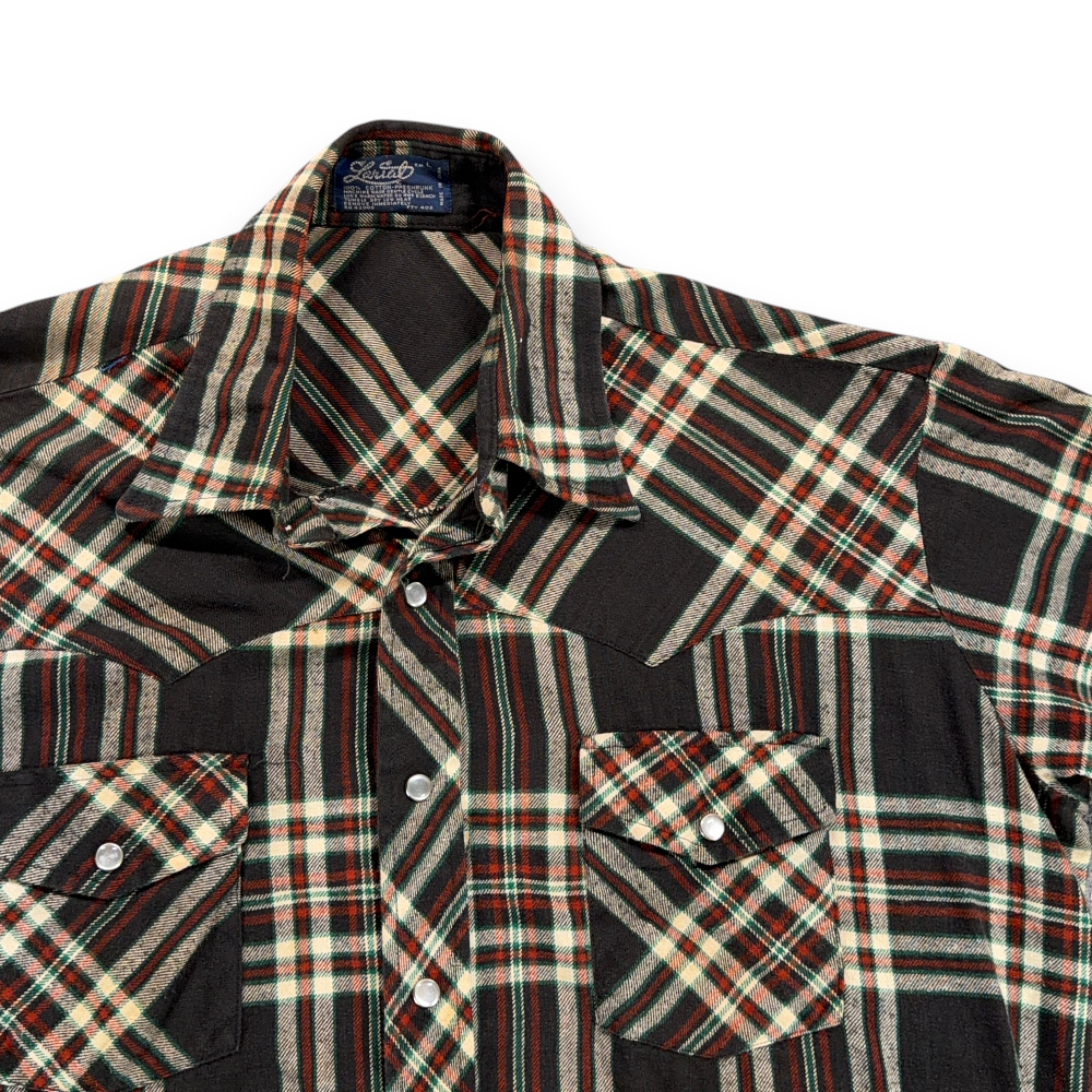 Vintage Lariat Western Shirt Adult LARGE Black Plaid Flannel Pearl Snaps 80s-2 Vintage Lariat Western Shirt Adult LARGE Black Plaid Flannel Pearl Snaps 80s